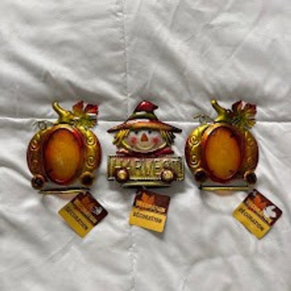 NWT Greenbrier International Fall Metal Pumpkin Scarecrow 3 Sun Catchers Sitters